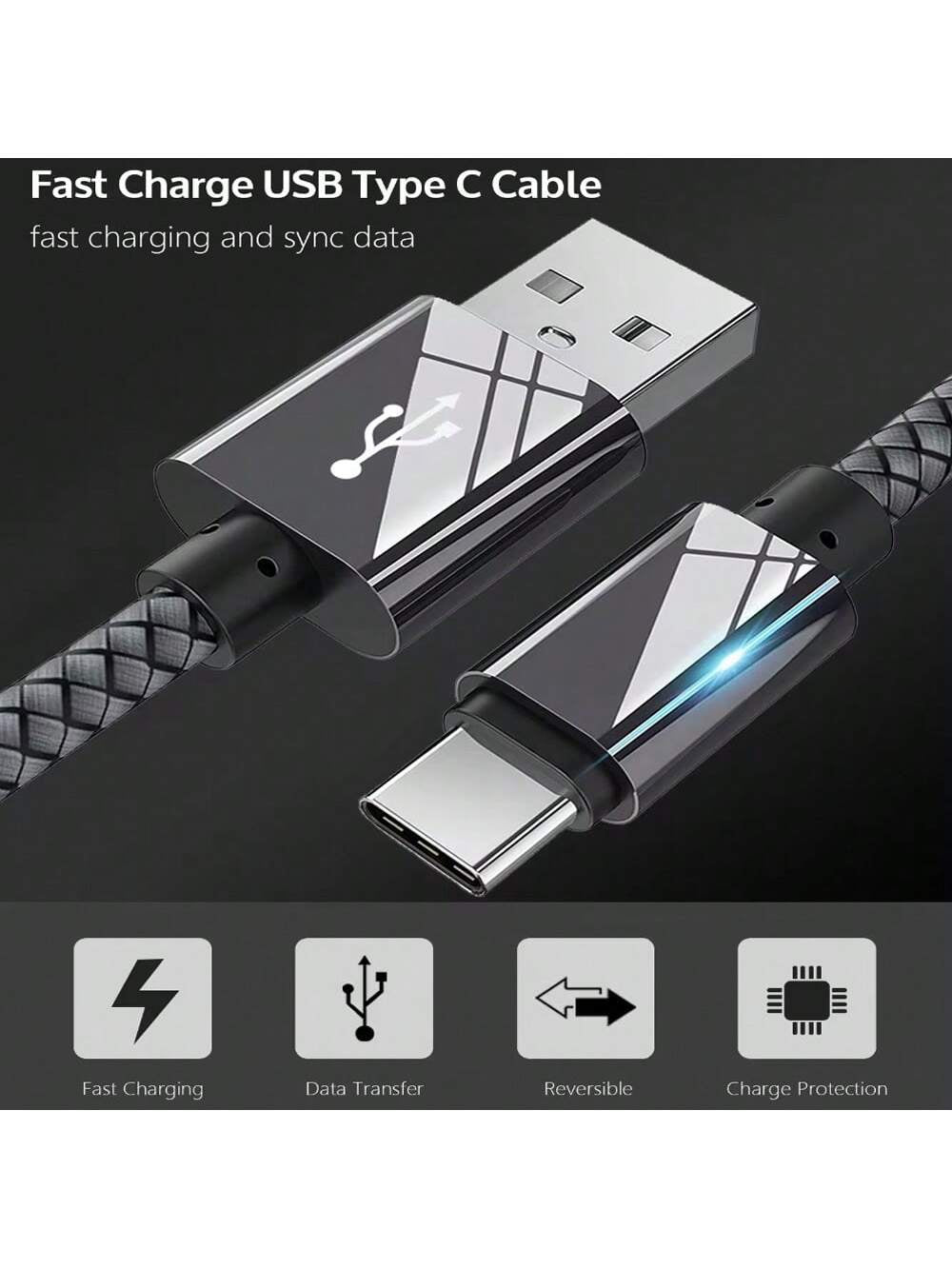 60W USB-A to USB-C Fast Charger Cable,Type-C Nylon Braided Data Cable,Fast Charging for Mobile Phones,Such as Galaxy S24 S23 S22 S21 S10,Note 10 9 A51 G8 G7,Pixel,,One Plus